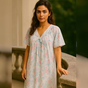 NWT Vtg Miss Elaine Floral Nightgown XL Sleepwear Pastel Pink Blue Cottagecore